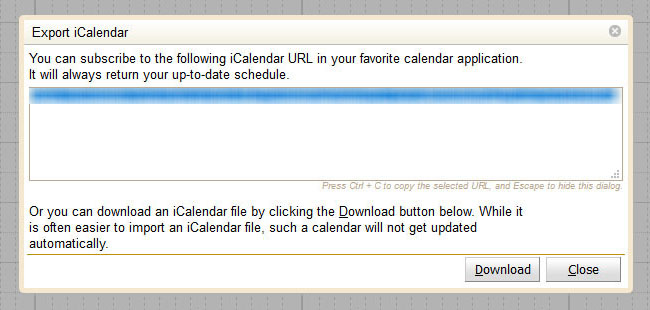 Screenshot of export iCalendar: copy the link.