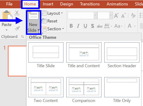 In Powerpoint, select New Slide from the Home tab.