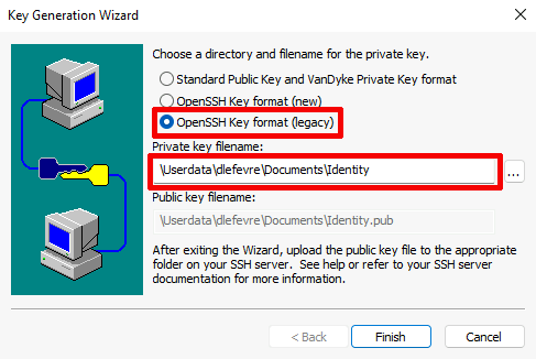 In the Key Generation Wizard window, select the legacy OpenSSH Key format.