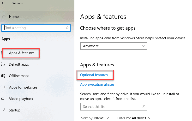 Select Optional Features in the Apps and Features setting.