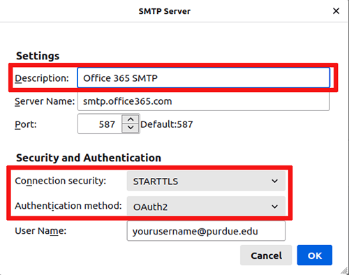 Pick a description and then set the connection security and authentication method.