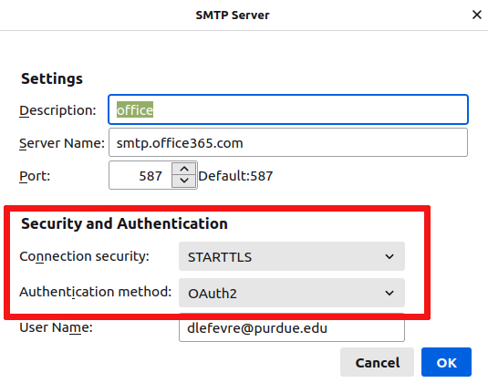 Security and authentication: set security to STARTTLS and authentication method to OAuth2.