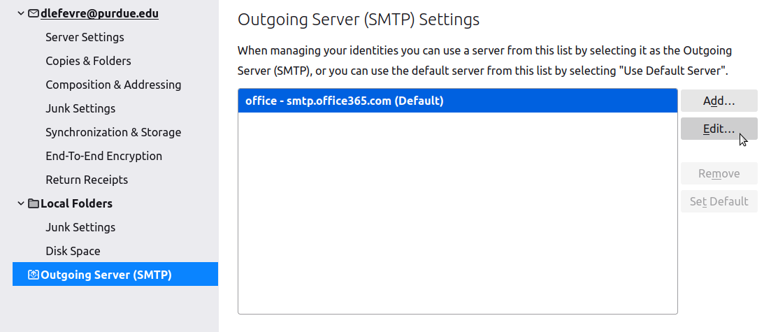 Outgoing server settings window.