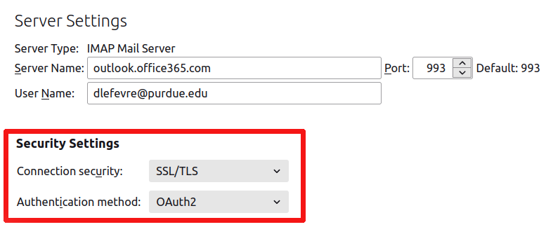 Set connection security to SSL/TLS. Set authentication method to OAuth2.