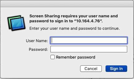 Screen sharing: type your username and password.