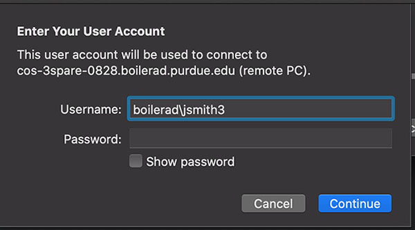Mac: input your username and password