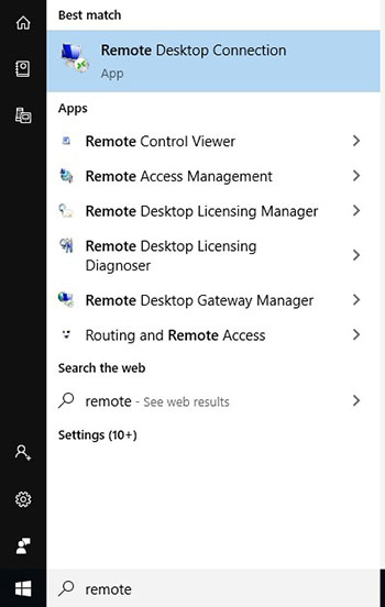 Click the Start icon and search for Remote Desktop Connection.