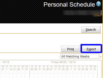 Screenshot of the personal schedule: click the Export button.