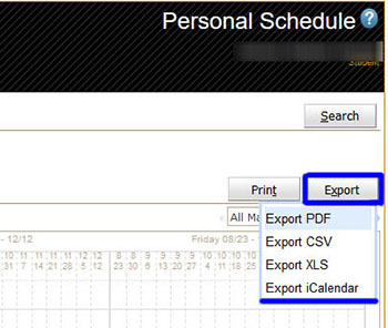 Screenshot of the personal schedule: click Export iCalendar.