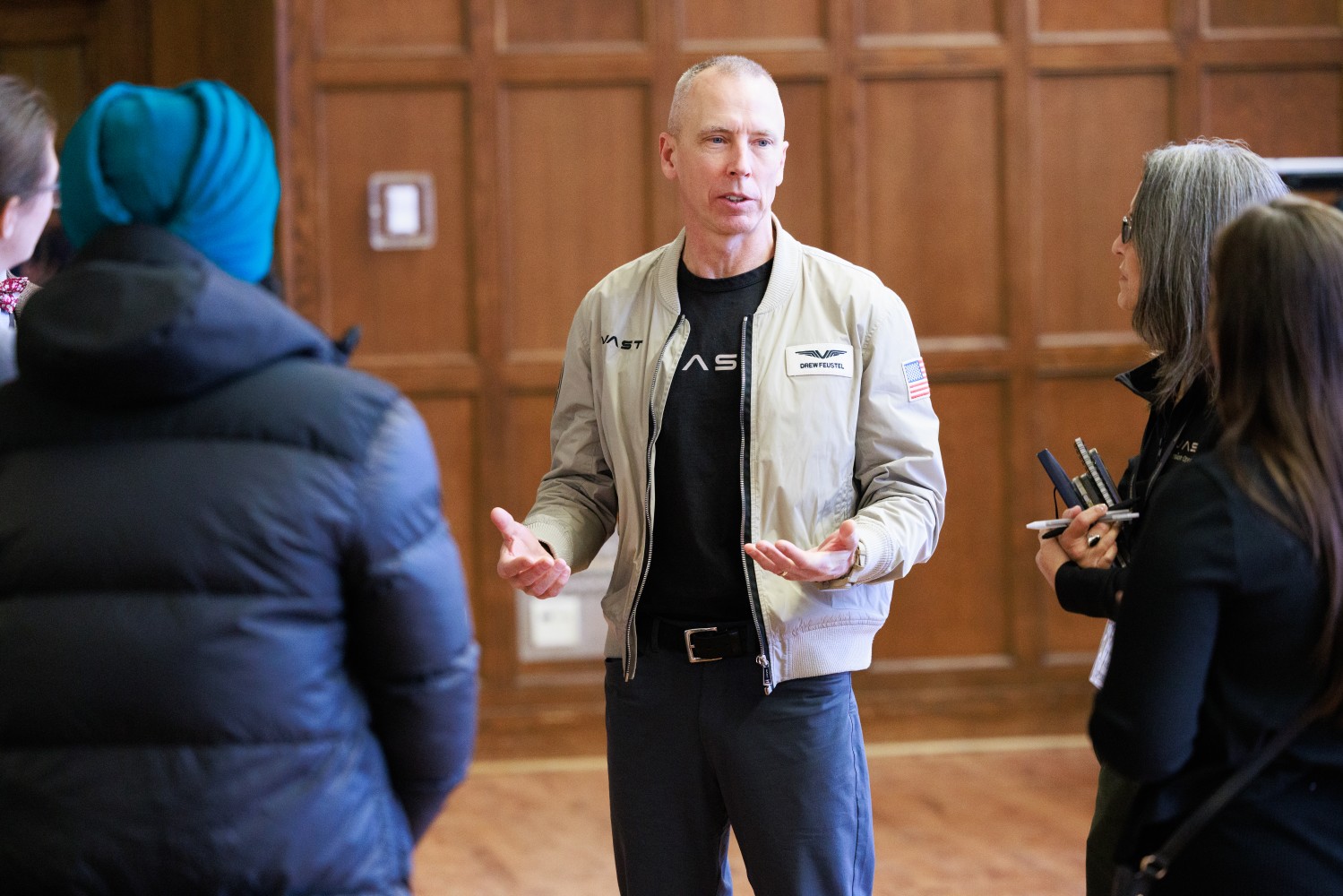 Andrew Feustel, alum and former astronaut, talking with students