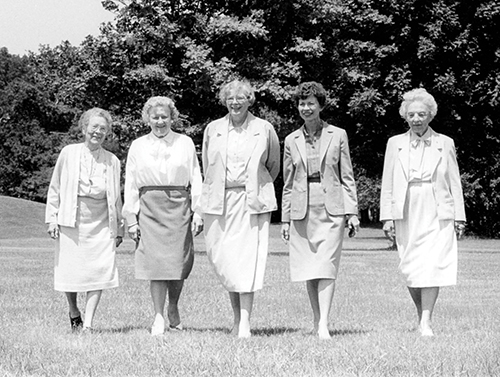 Taken by Purdue photographer Dave Umberger in 1987, this photo hangs in the Dean’s Conference Room in the Krach Leadership Center. From left: Helen Schleman; Beverley Stone; Barbara Cook; Betty Nelson; and Dorothy Stratton. (Courtesy of Purdue Archives and Special Collections)