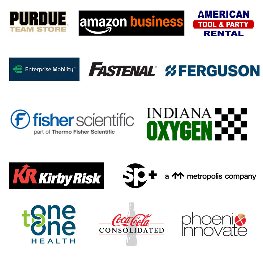 2026 Spring Fling Sponsors, Purdue Team Stores, Amazon business, American Tool & Party Rental, Enterprise Mobility, Fastenal, Ferguson, Fischer Scientific, Indiana Oxygen, Kirby Risk, SP Metropolis, One to One Health Phoenix innovate