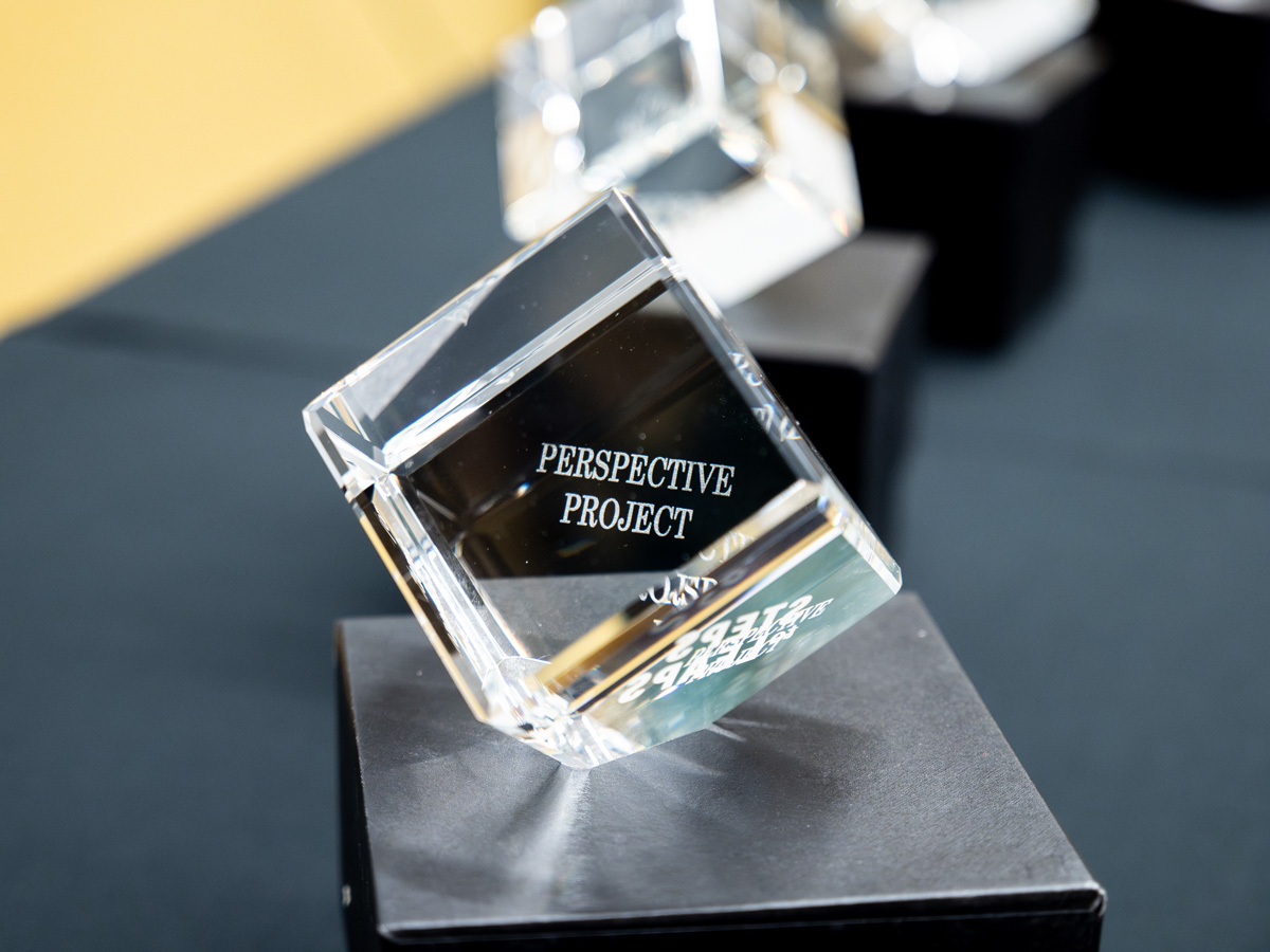 This is a cubic glass Award for Academic Integration of Steps to Leaps with "Perspective Project" etched into it.