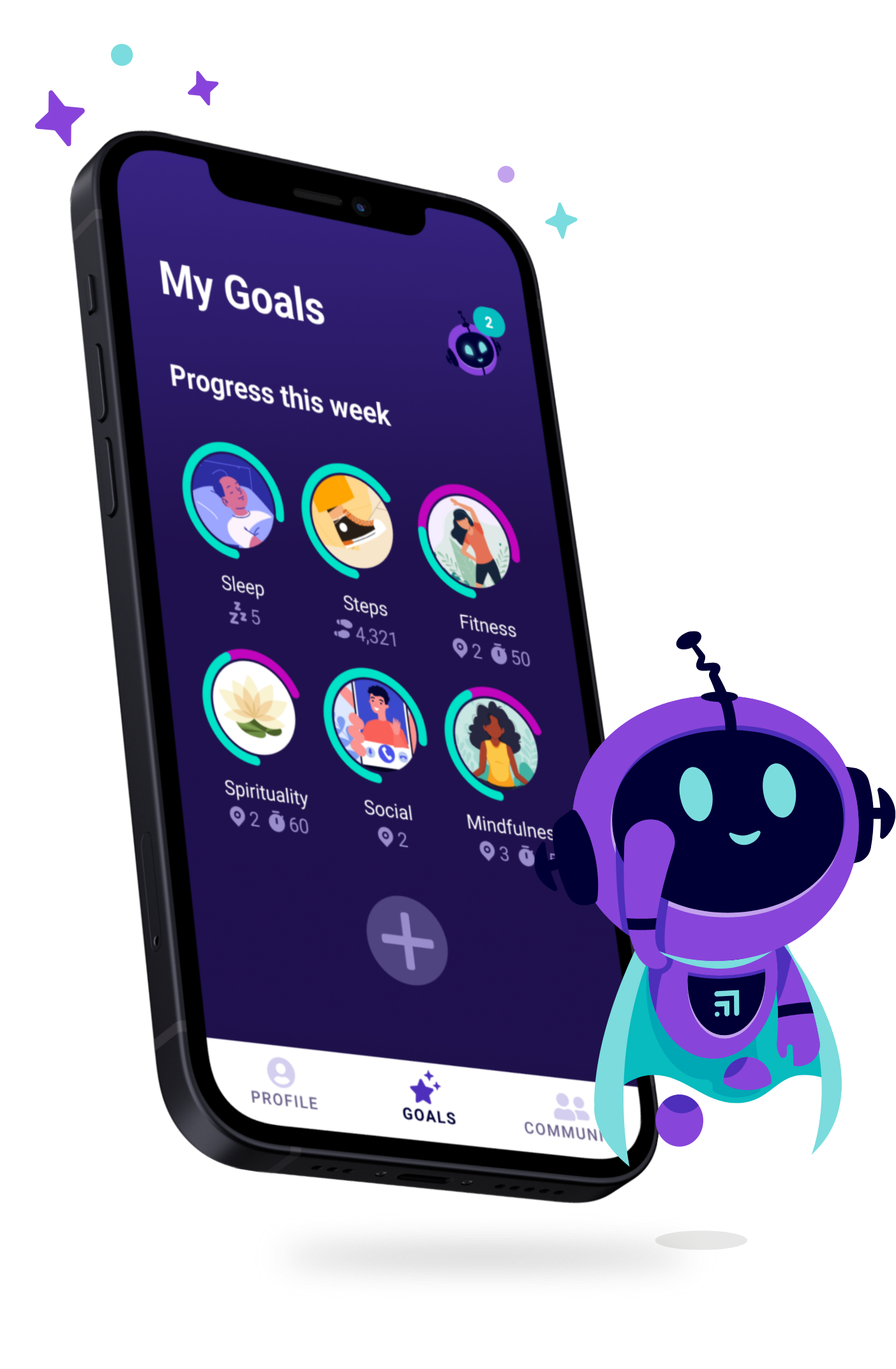 Image of app interface with cartoon Mascot. 