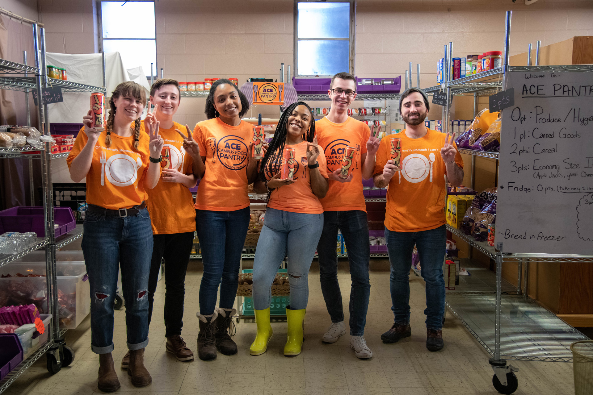Food on shelves at the ACE Campus Food Pantry.