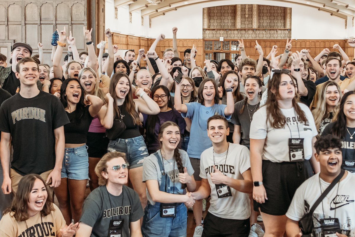 Image showing students gathered in a crowd, cheering happily at Boiler Cold Rush 2022