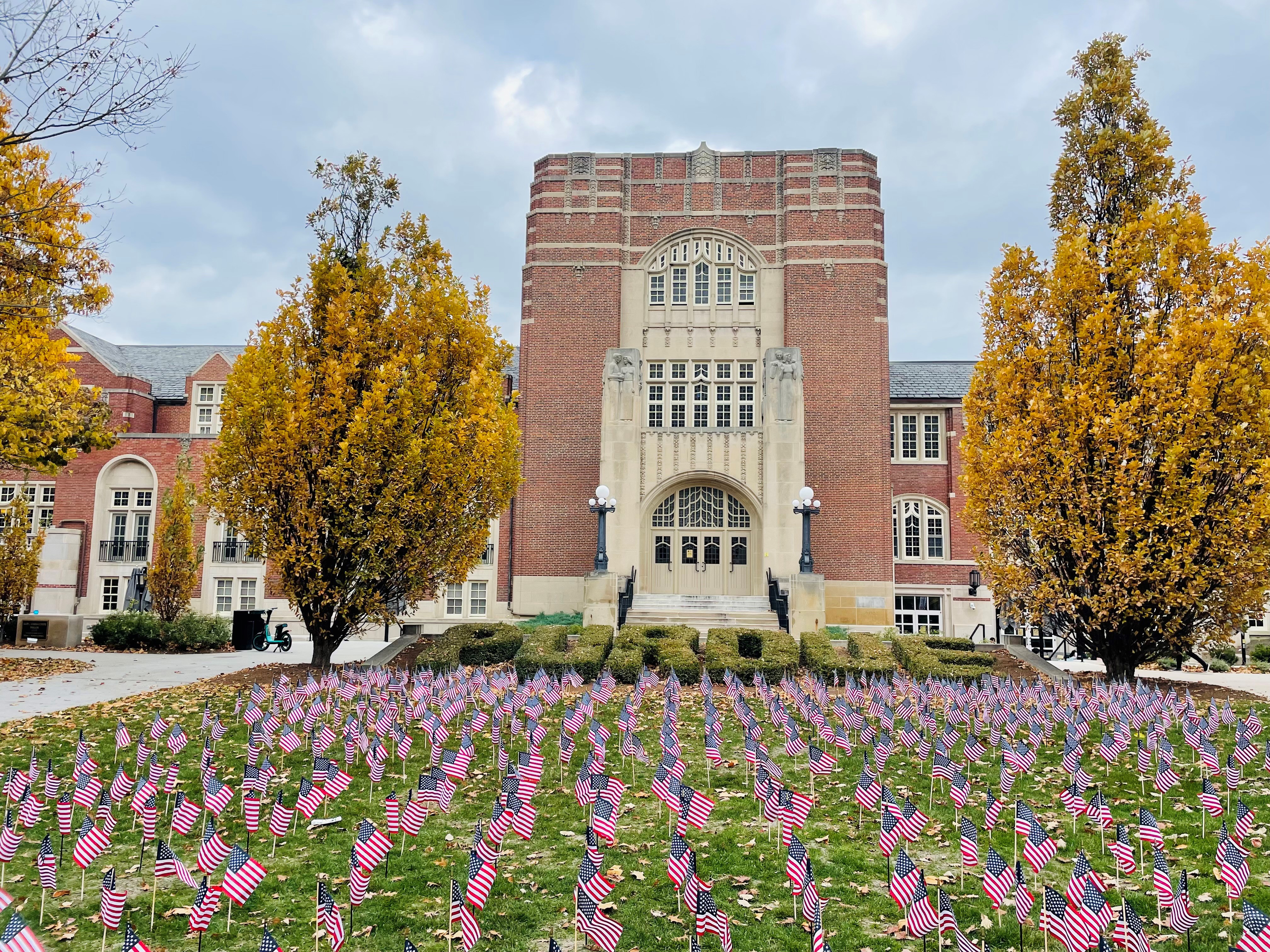 American Flags outside the Purdue Memorial Union 