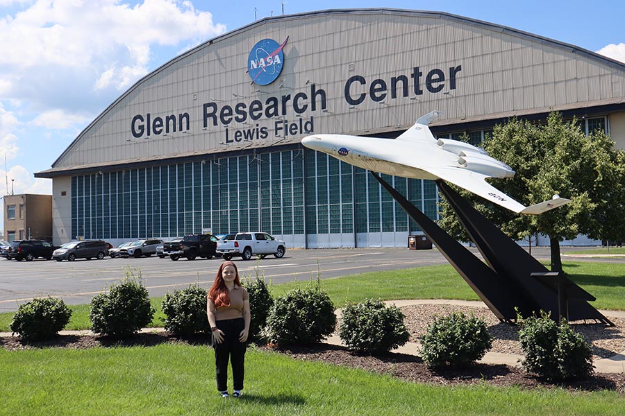 image showing student in front of the Glenn Research Center