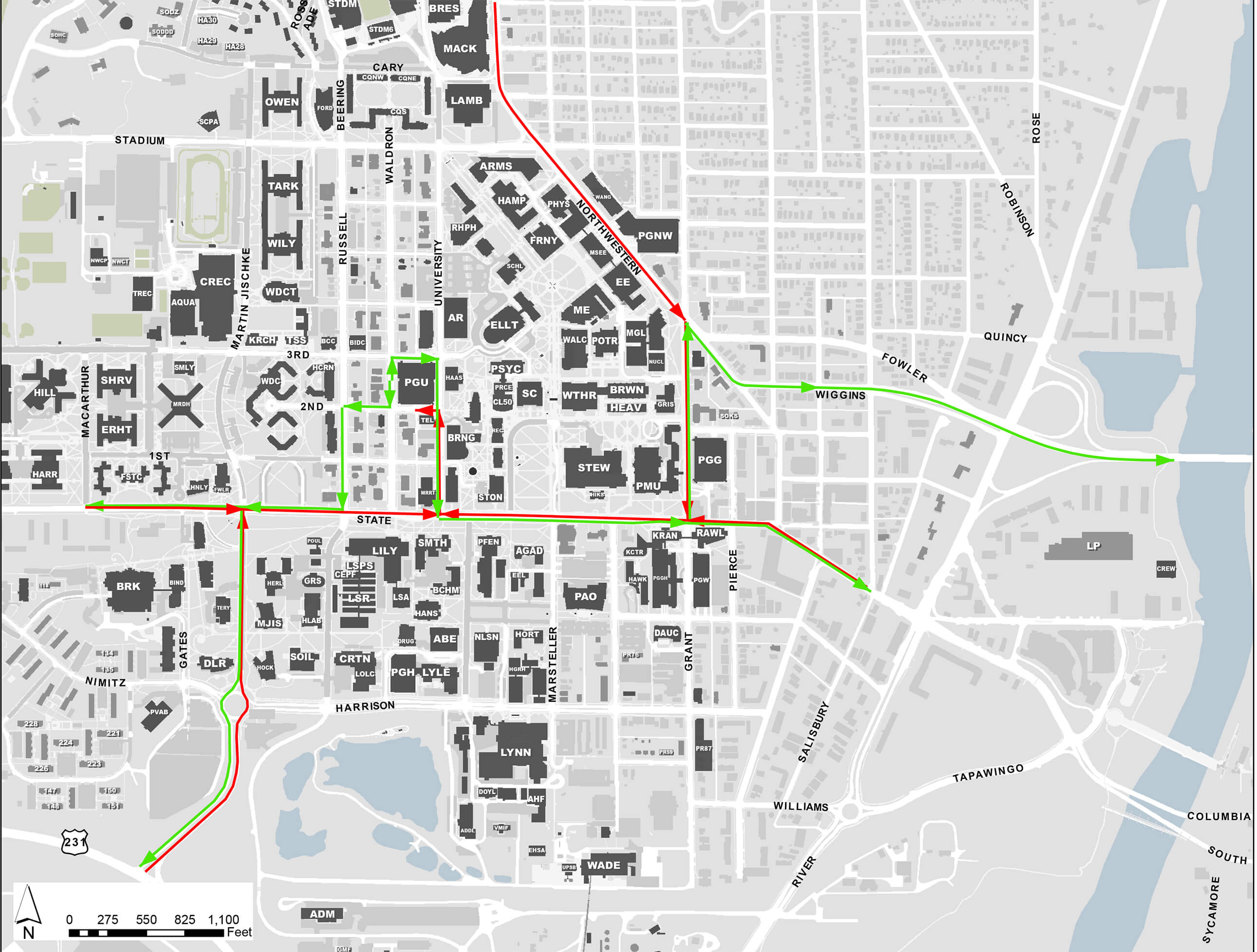 Parking information and suggested traffic routes for Purdue summer