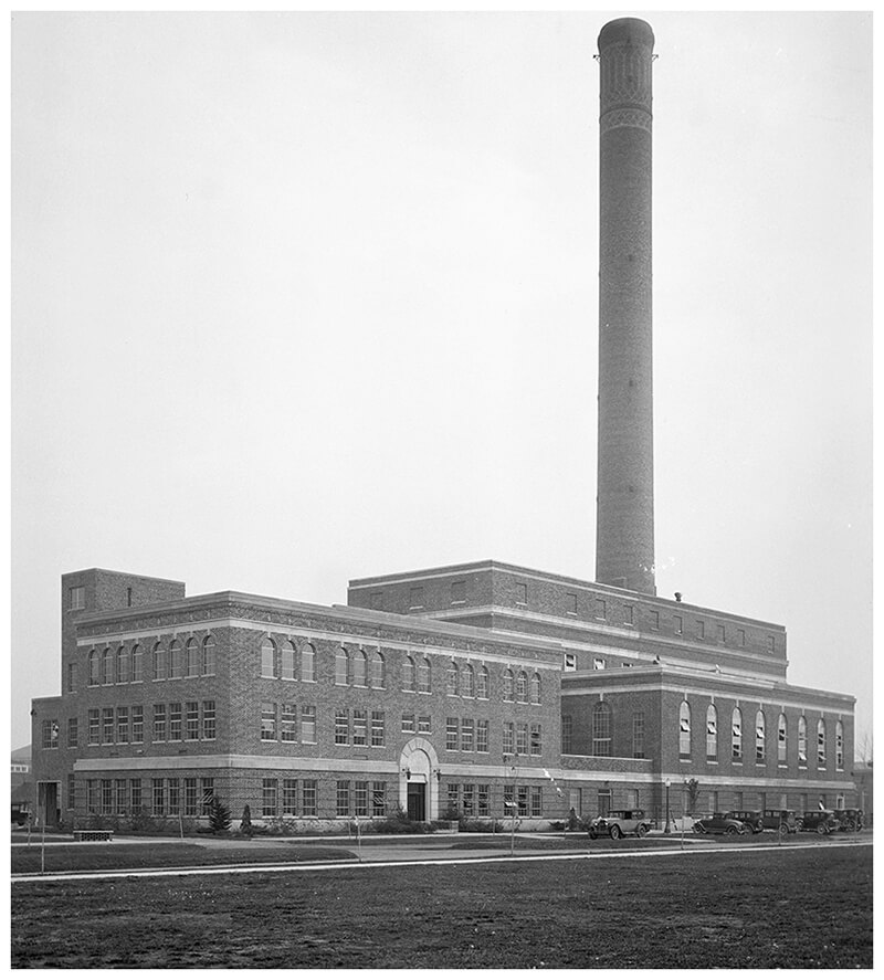 Power plant, smokestack and Engineering Administration building