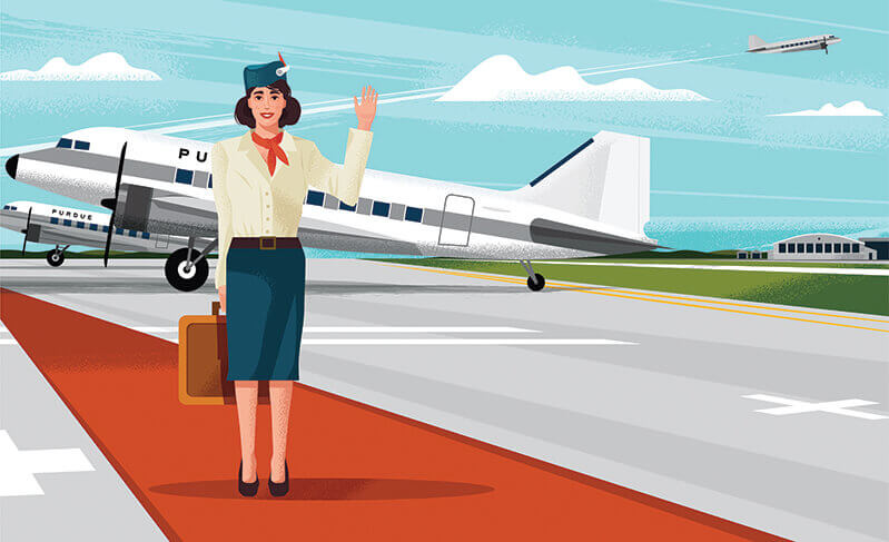Illustration of stewardess by plane