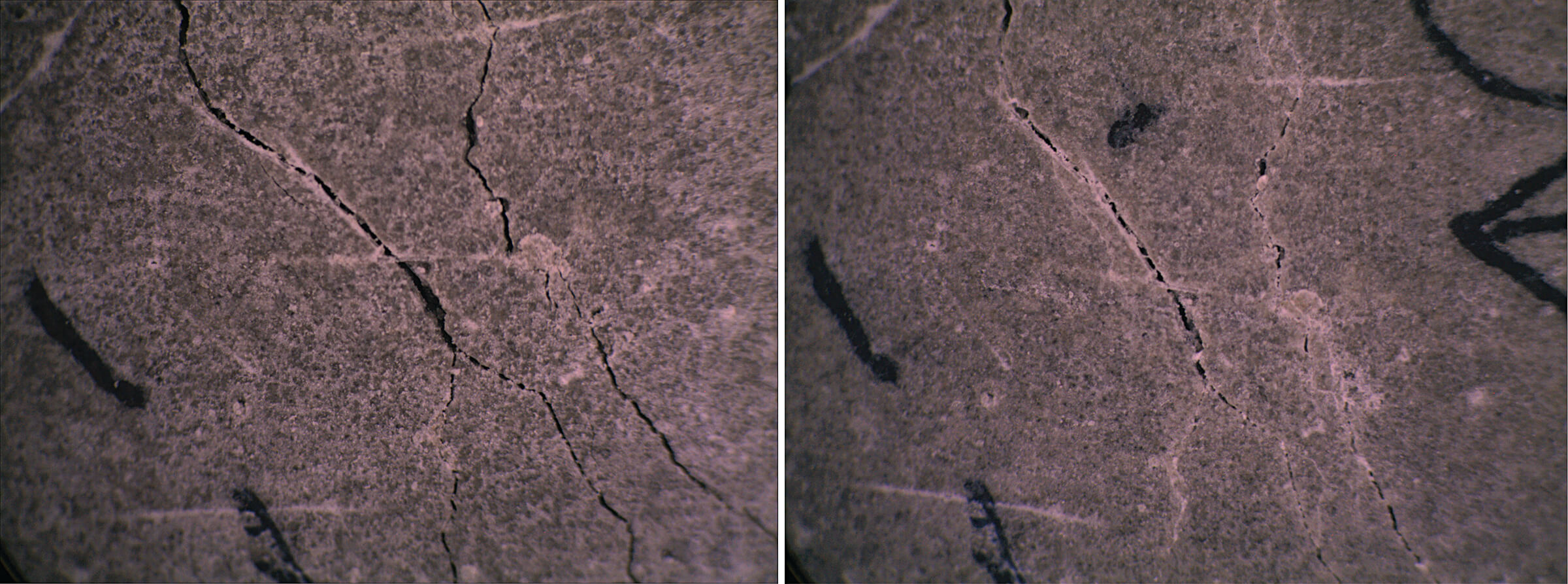 Concrete on the left shows cracks that are healed 28 days later in the image on the right