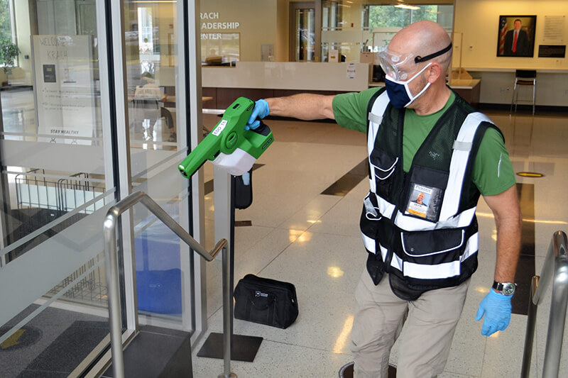 disinfectant being sprayed in building