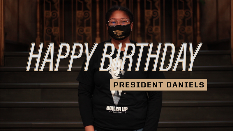 student in Happy Birthday, President Daniels graphic