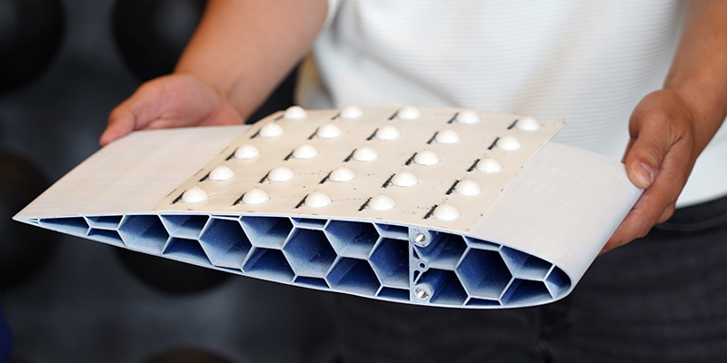 A researcher holds a wing prototype with rows of small domes on its top.