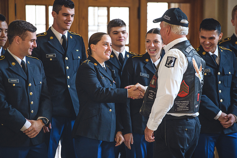 member of Rolling Thunder Inc., Indiana Chapter One, talks to ROTC students 