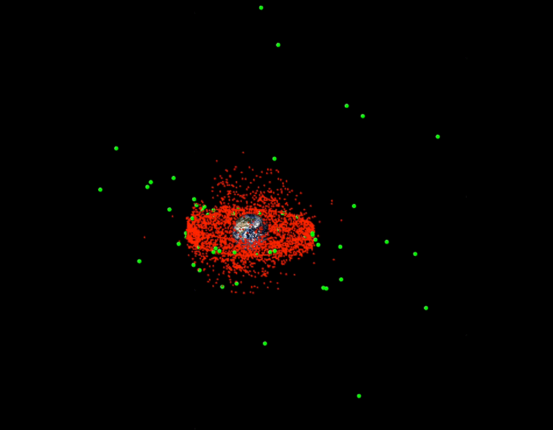 This animation shows human-made space objects cataloged by the U.S. Space Force. The red objects are in near-Earth orbits. The green objects are in the cislunar region. (Purdue University image/Carolin Frueh) 