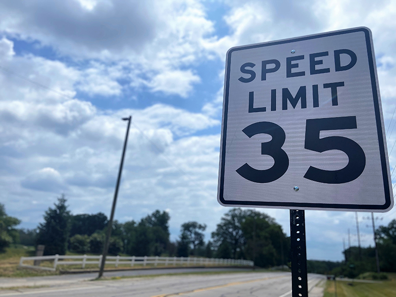 A new speed limit sign is posted along McCormick Road, near Fairway Lane. Additional signs will be posted on and around the West Lafayette campus by the beginning of August in an effort to enhance safety. (Photo provided by Administrative Operations Communications)