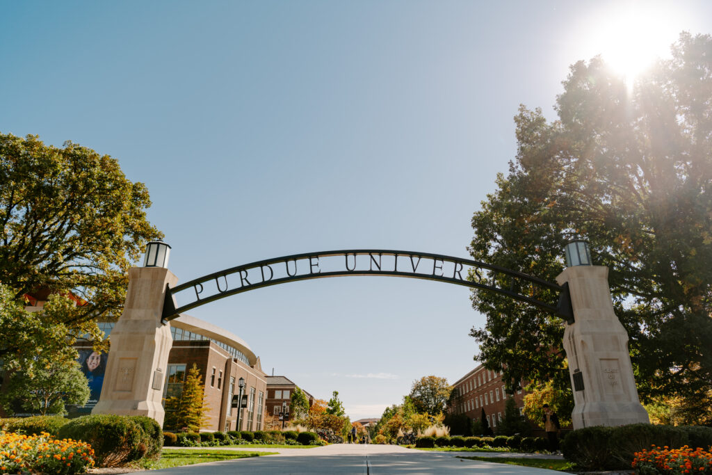 Purdue University archway looking down Memorial Mall