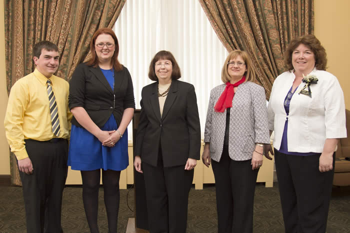 Pictured from left to right: Matthew Meier, Mechanical Engineering Major, Purdue University Calumet; Elizabeth Tobin, Psychology Major, Class of 2014, Indiana University-Purdue University Fort Wayne; Jane E. Rose, Associate Professor of English, Purdue North Central; Lorna L. Hecker, Professor of Marriage and Family Therapy and Director of the Marriage & Family Therapy Center, Purdue University Calumet; Christine K. Collins, Associate Director, Office of International Students and Scholars, Purdue University West Lafayette. Not pictured: Dimples Smith, Training and Employee Relations Administrator in Human Resources, Indiana University-Purdue University Fort Wayne.