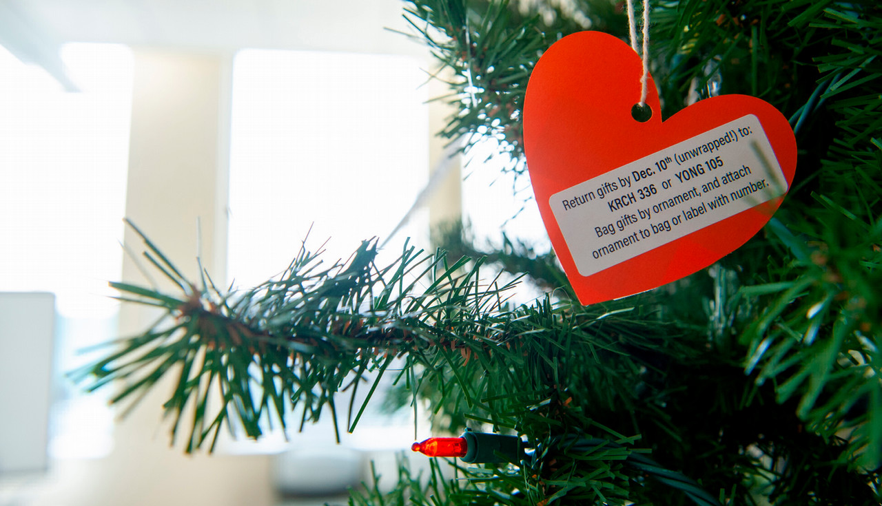 A close up of a gift tag hanging on a holiday tree