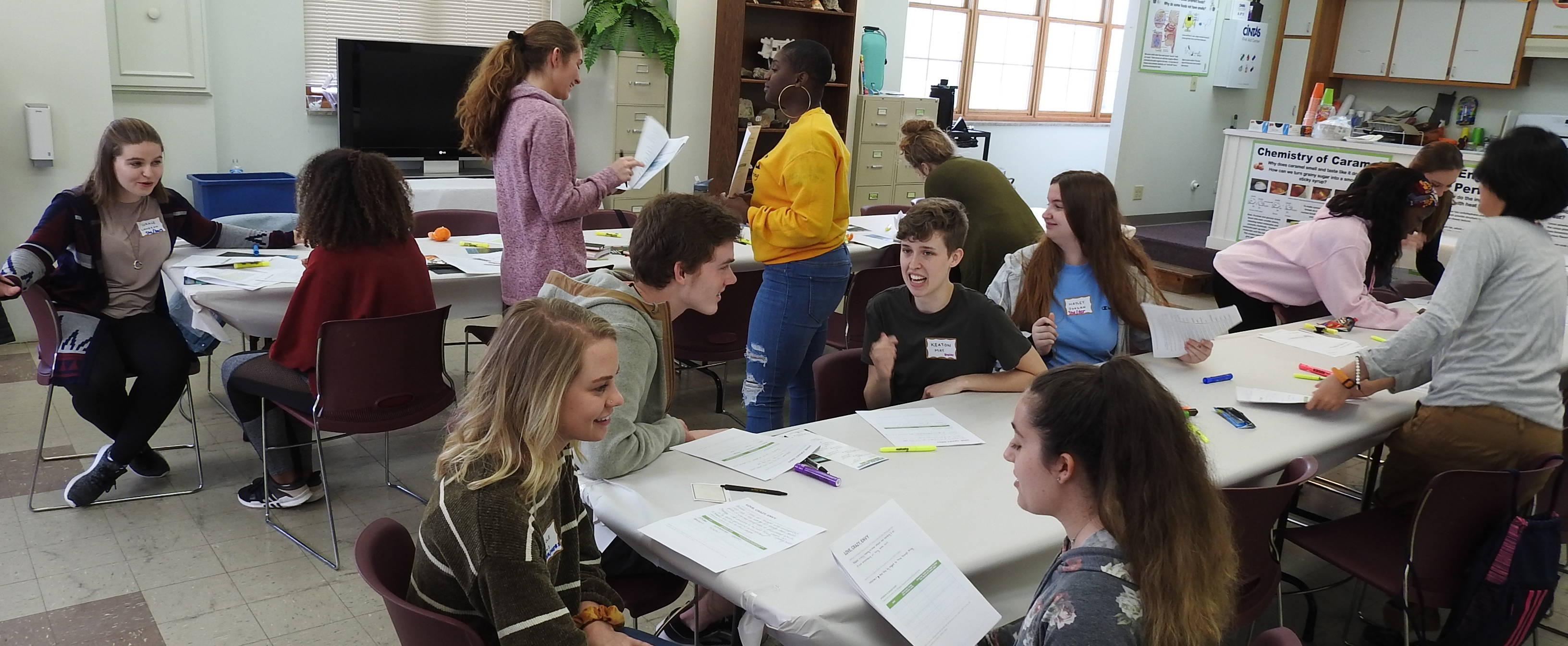 Students interacting in a classroom during a course