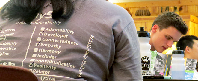 Back of student wearing myStrengths t-shirt with their strengths checked off