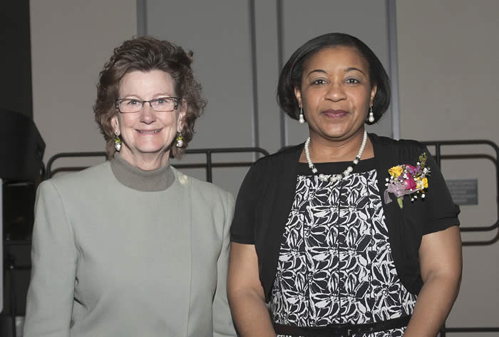Photograph of 2014 award recipient Dimples Smith next to Vicky L. Carwein at awards ceremony